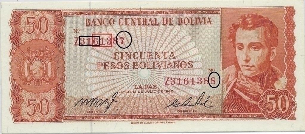 1962 Bolivia 50 Pesos REPLACEMENT Error .FN22