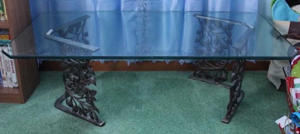 Vintage Glass Top Cast Iron Legged Coffee Table