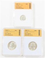 SGS GRADED SILVER COIN LOT TWO QUARTERS & A DIME
