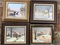 Four Winter Duck Paintings by C. Carson on Canvas