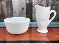 Milk glass Pyrex bowl & marked pitcher