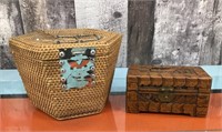 Asian style wooden box & woven basket