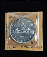 CANADIAN SILVER DOLLAR - 1951 - SHORT WATER LINES