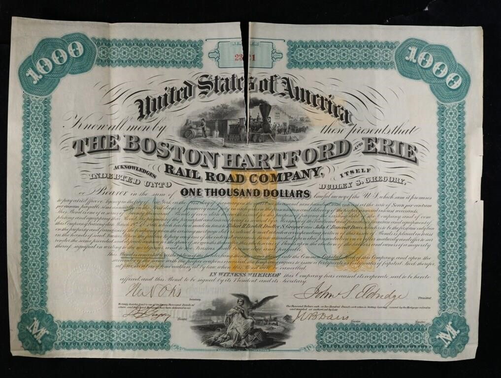 1863 Boston, Hartford & Erie Railroad $1000 Bond C