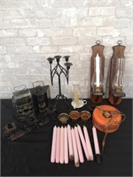 Large candle holder and candle lot.