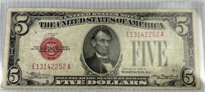 1928 B Red Seal 5 Dollar Us Note