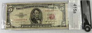 1953 B Red Seal 5 Dollar Us Note