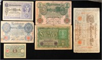 Lot of 6 1910s-1920s German WWI Era Banknotes, Var