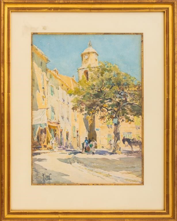 European School Village Square Watercolor, c. 1900