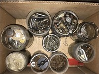 9 Jars of cotter pins, washers, cable staples,