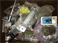 Box of assorted door hardware. Includes hinges,