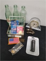 Group of vintage collectibles. a clock,