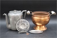 Dutch Copper Pot & Pewter Teapot, Frame & Tray