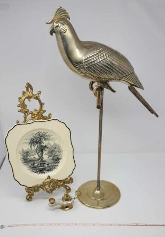 Brass Parrot on Perch 21"  Royal Doulton Plate on