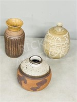 3 Pottery vases - 2 signed - 6" to 8" tall