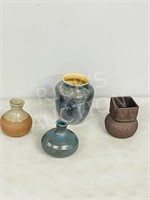 4 Pottery vases - signed - 4"-7" tall