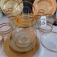 GOLD RIM DISHES ( 8 PLATES, 8 GLASSES, 8 CEREAL, 2