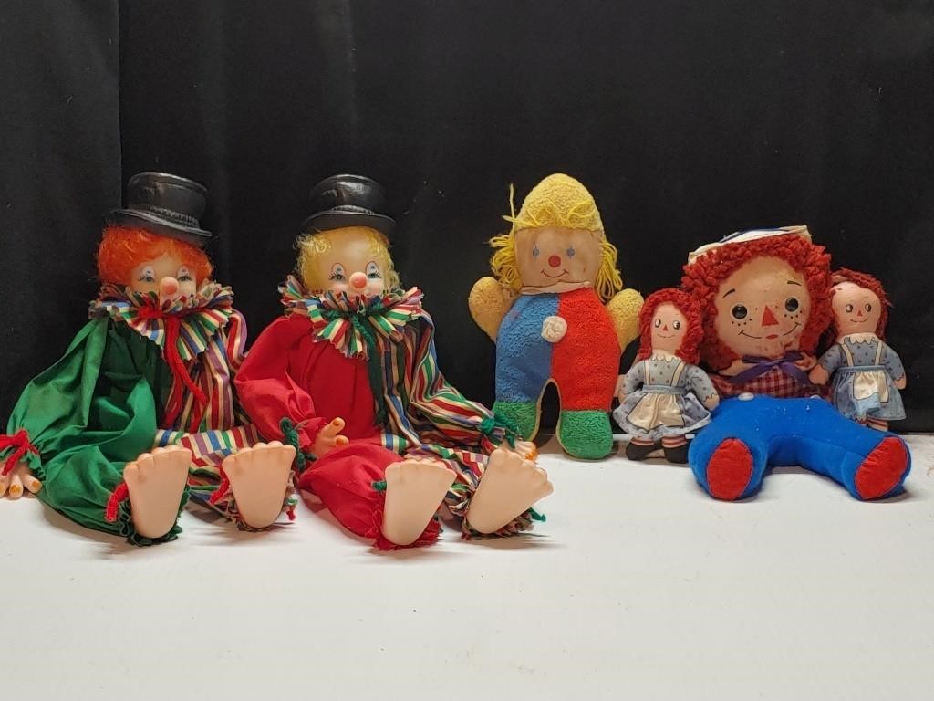 Two Vintage Clown dolls, plastic head, hands, and