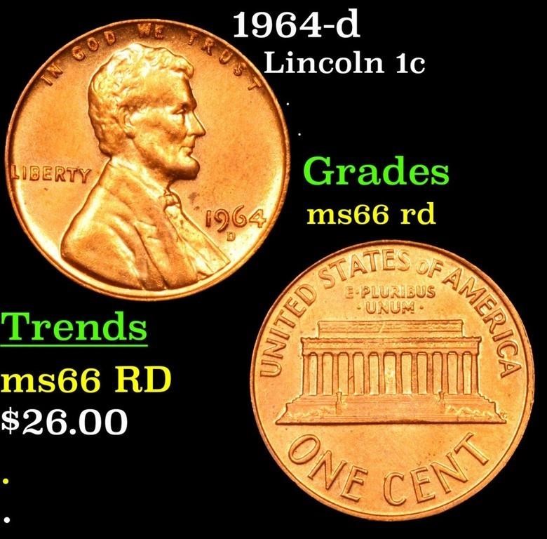 1964-d Lincoln Cent 1c Grades GEM+ Unc RD