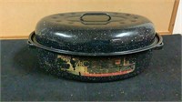 Vintage Roasting Pan Black Speckled Enamel