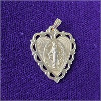 14K Gold Mother Mary Prayer Heart Pendant, 2.2gr