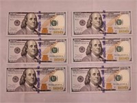 6 - $100.00 Bills with Sequential Serial Numbers