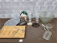 Knives, meat board, punch bowl, mini cake pans