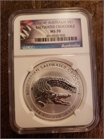 2014 P Australia MS70 Crocodile Silver Coin