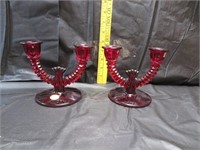 Pair of Vintage Red Double Candle Holders 6" x