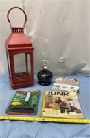 Vintage Metal Lantern, Black Glass Lantern,