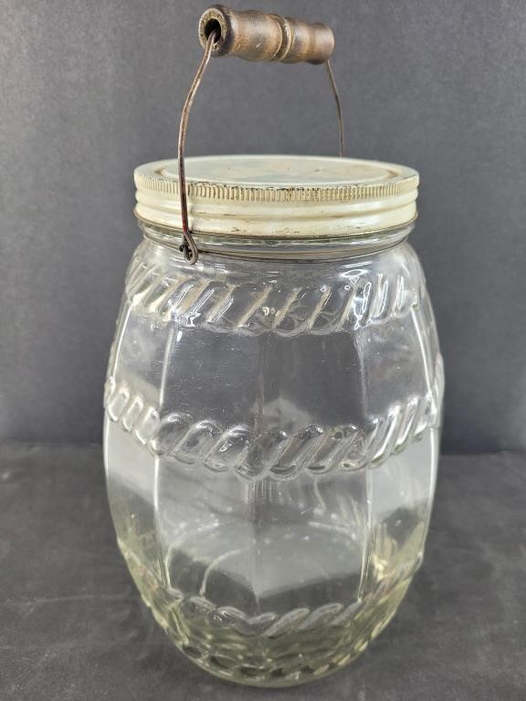 Lg. Vintage jar with handle and lid