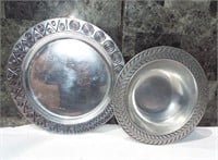 Large pewter platter and pewter decorative bowl.