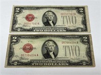 Two 1928-F $2 US Red Seals