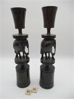 PAIR OF WOODEN CARVED ELEPHANT CANDLE HOLDERS