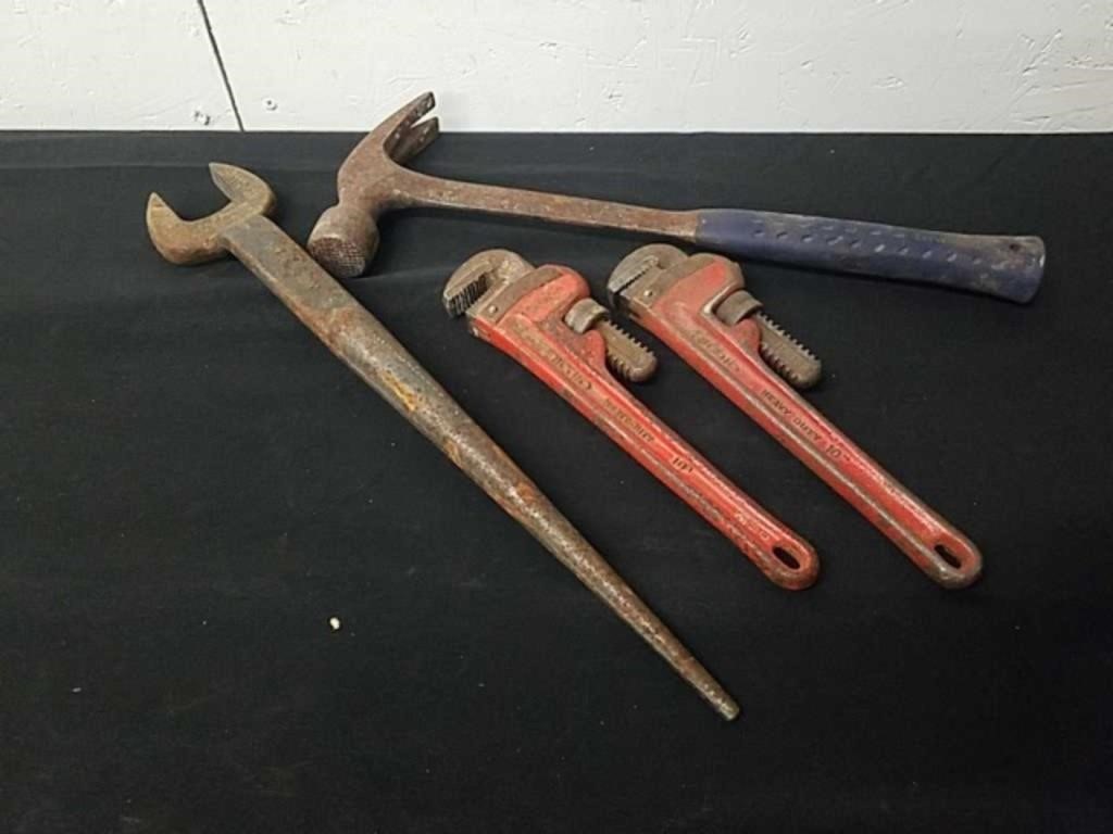 Klein 7/8 wrench, a hammer and two rigid 10 inch