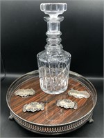 Lead Crystal Decanter, Sterling Labels & Tray