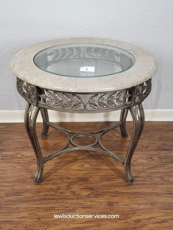 Glass Top Faux Marble Wrought Iron Side Table