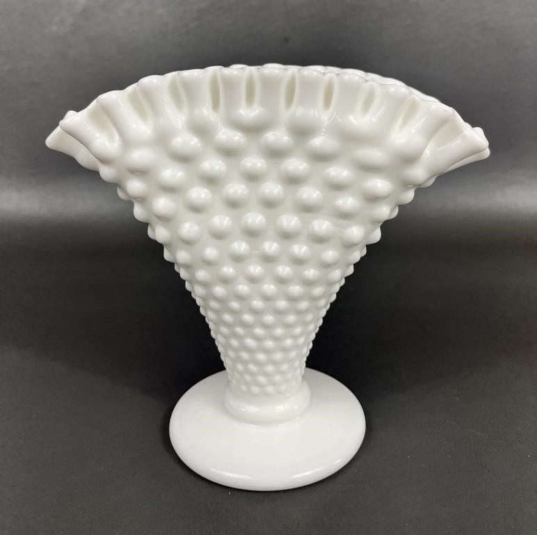 Fenton Milk Glass Hobnail Fan Vase