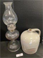 Stoneware Jug, Glass Oil Lamp.
