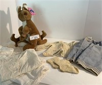 7 pcs Stuffed Kangaroo and Vintage Baby Clothes