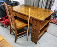 Antique Arts & Crafts Tiger Oak Desk w/Glass Top &