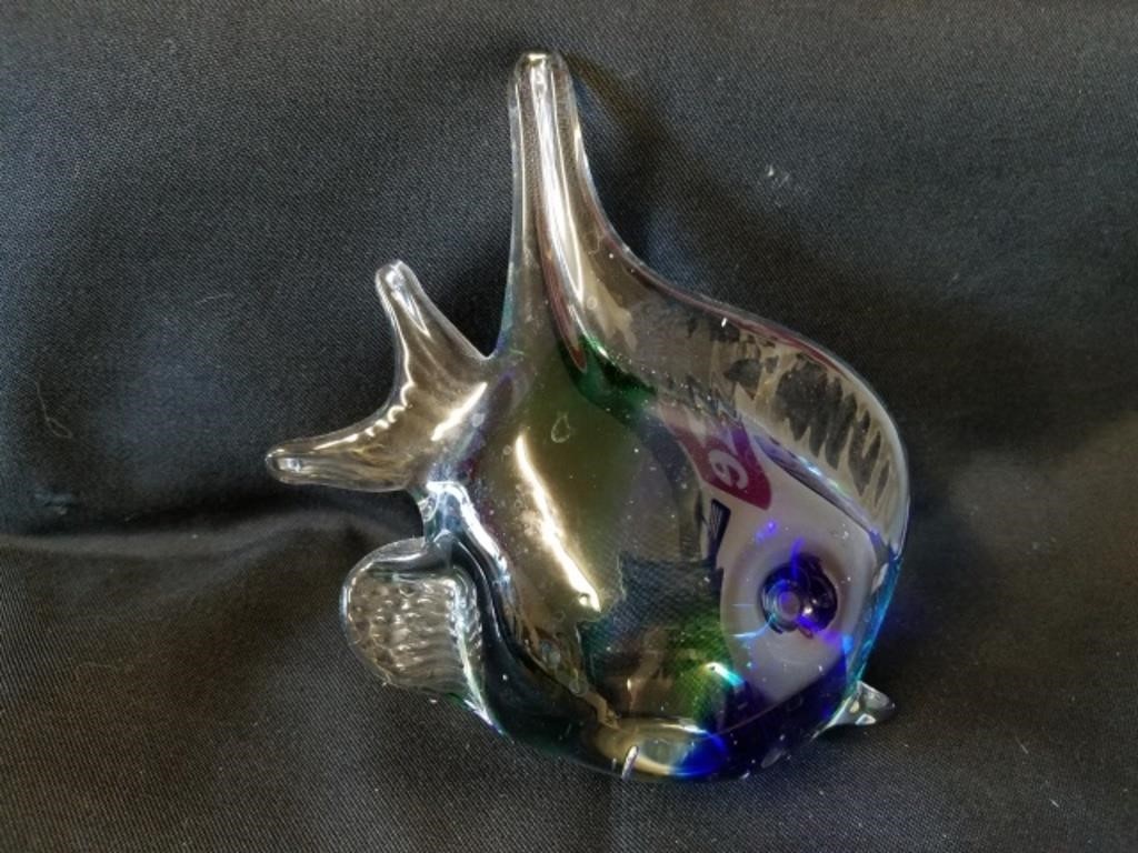 Blown Glass Clear, Blue and Green Fish, 4.5" x