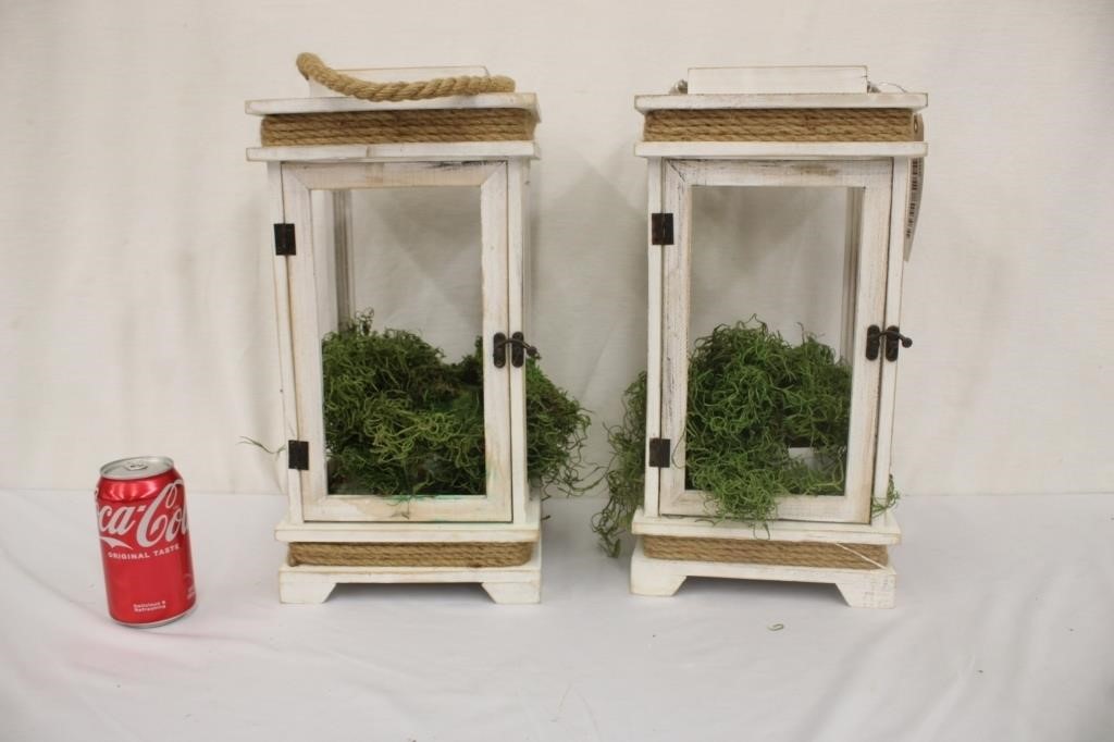 2 White Distressed Garden Lanterns w/ Moss #2