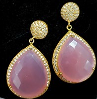$600 Silver Rose Quartz And Cz  19.88G  Earrings