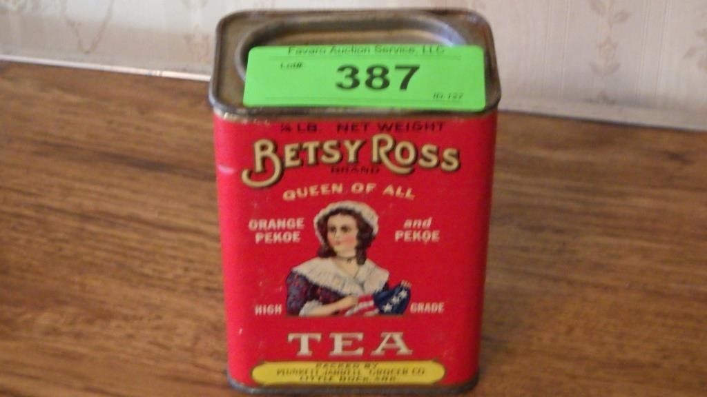 VINTAGE BETSY ROSS TEA TIN 3 x 2 x 4 1/4