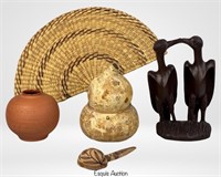 Home Decor Lot- Carved Wooden Birds, Pottery, Fan