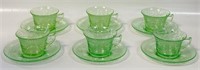 STUNNING SET OF 6 URANIUM GLASS CUP & SAUCERS