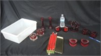 NICE RED GLASS CANDLE HOLDERS & CANDLE STICKS