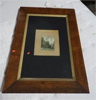 Antique framed French lithograph in large burl