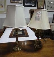 (2) brass font table lamps 28”